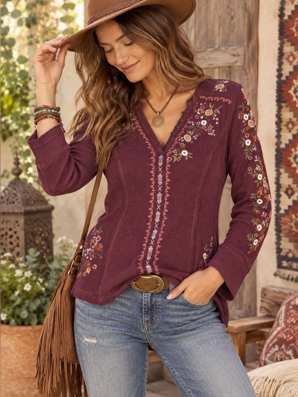 Sundance Thermal Long Sleeve Burgundy Red Embroidered Boho Henley V-neck Small